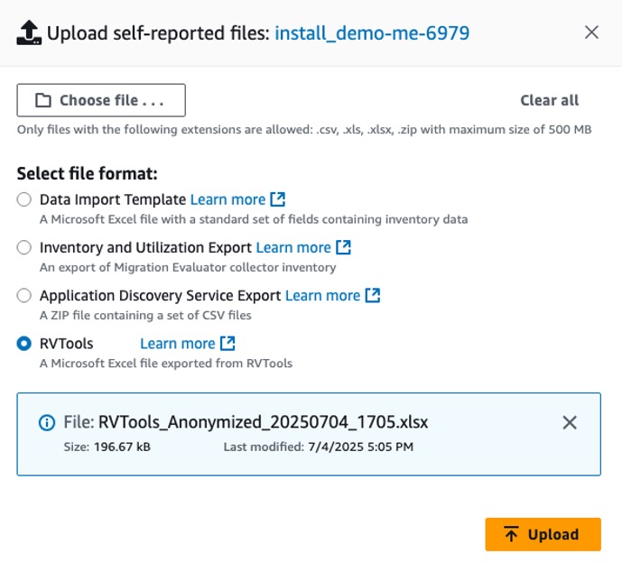 The screenshot shows the Migration Evaluator file upload interface where users can select RVTools export data and other supported file formats 