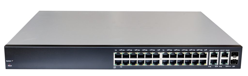 Rack-mountable 24-port Ethernet switch with PoE capability, management interfaces, and port status indicators