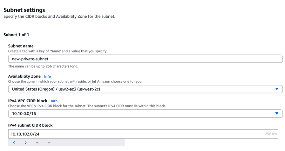 Figure 2: Create subnet settings