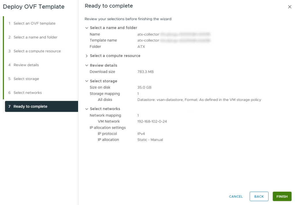 Deploying the discovery tool appliance, showing the final OVF deployment screen.