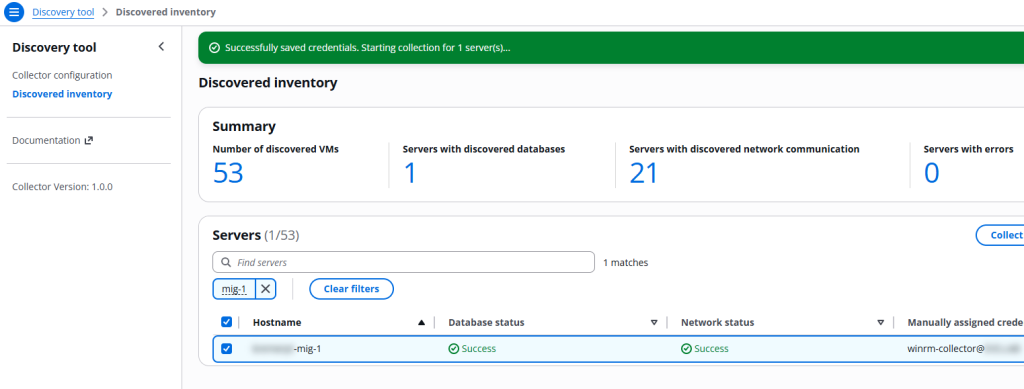 The discovered inventory screen with a Windows VM, the Database status and Network status columns are populated with the word Success and a checkmark.