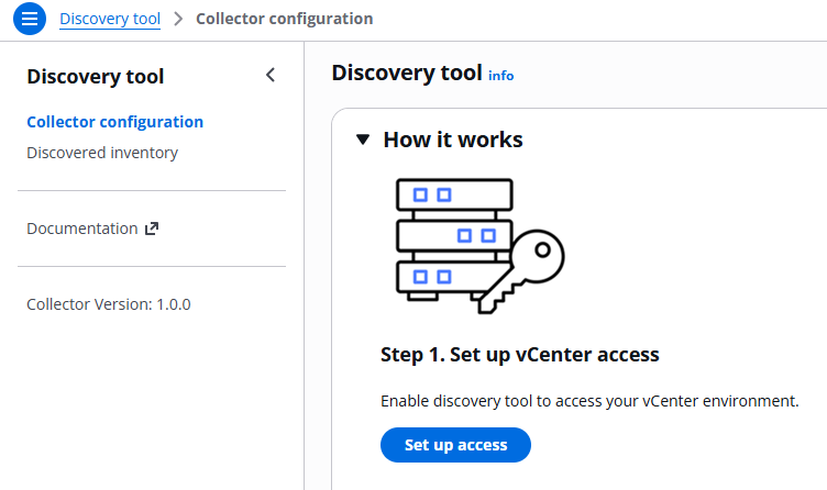 The discovery tool collector configuration screen showing a button named Set up access