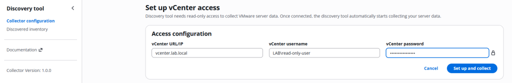 A screen showing input fields for vCenter URL, username, and password