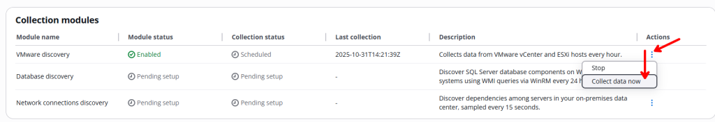 A list of the collection modules with a dotted context menu allowing you to select Collect data now.