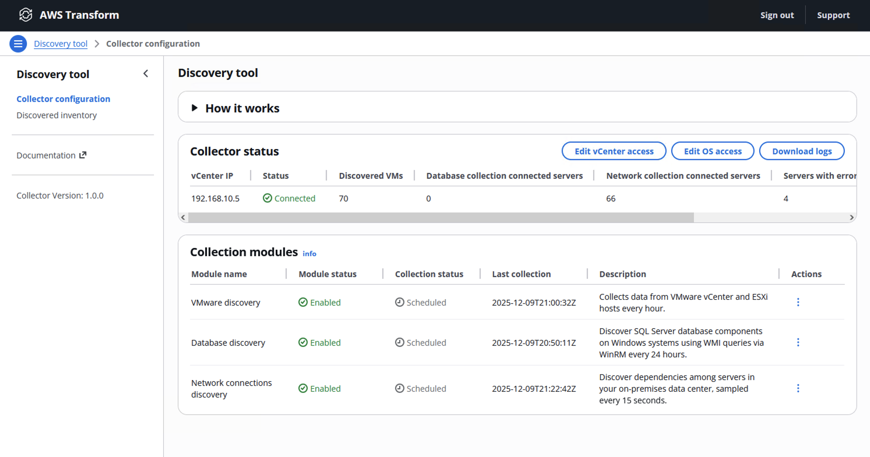 Screenshot of AWS Transform for VMware discovery collector tool showing various collection modules