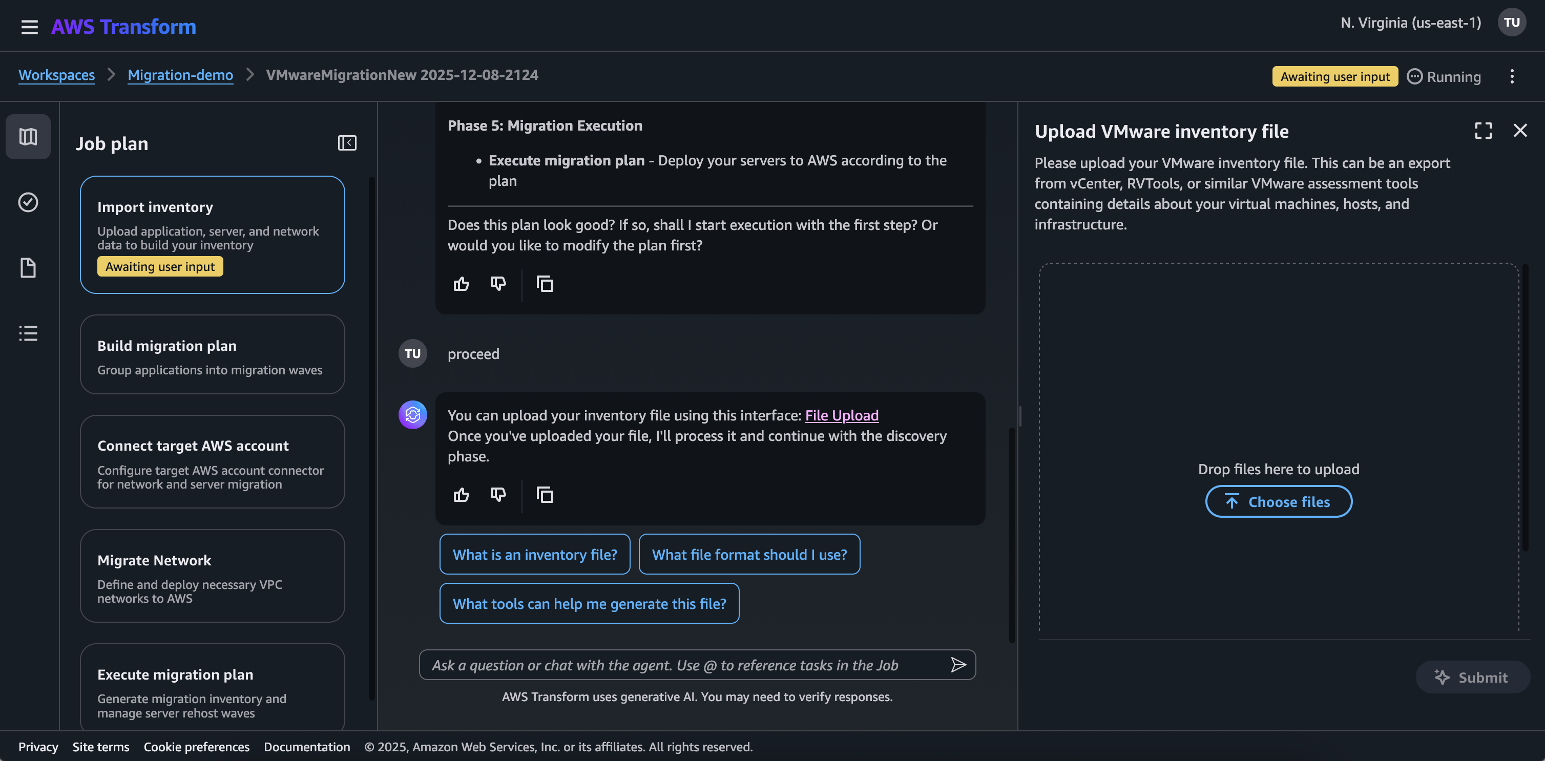 Screenshot of AWS Trasform for VMware job import inventory step asking to upload VMware inventory file