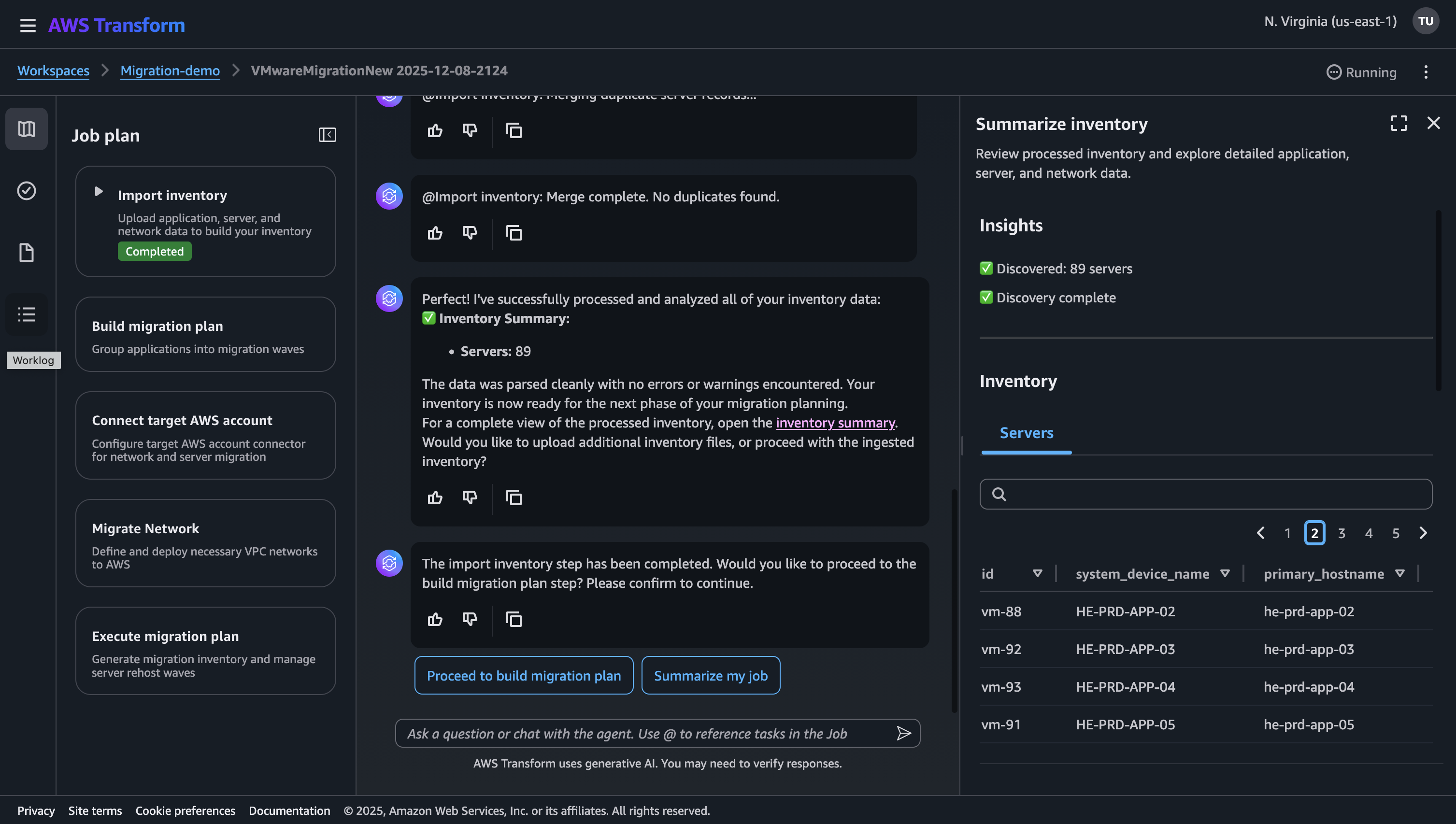Screenshot of AWS Transform for VMware job discovery summary