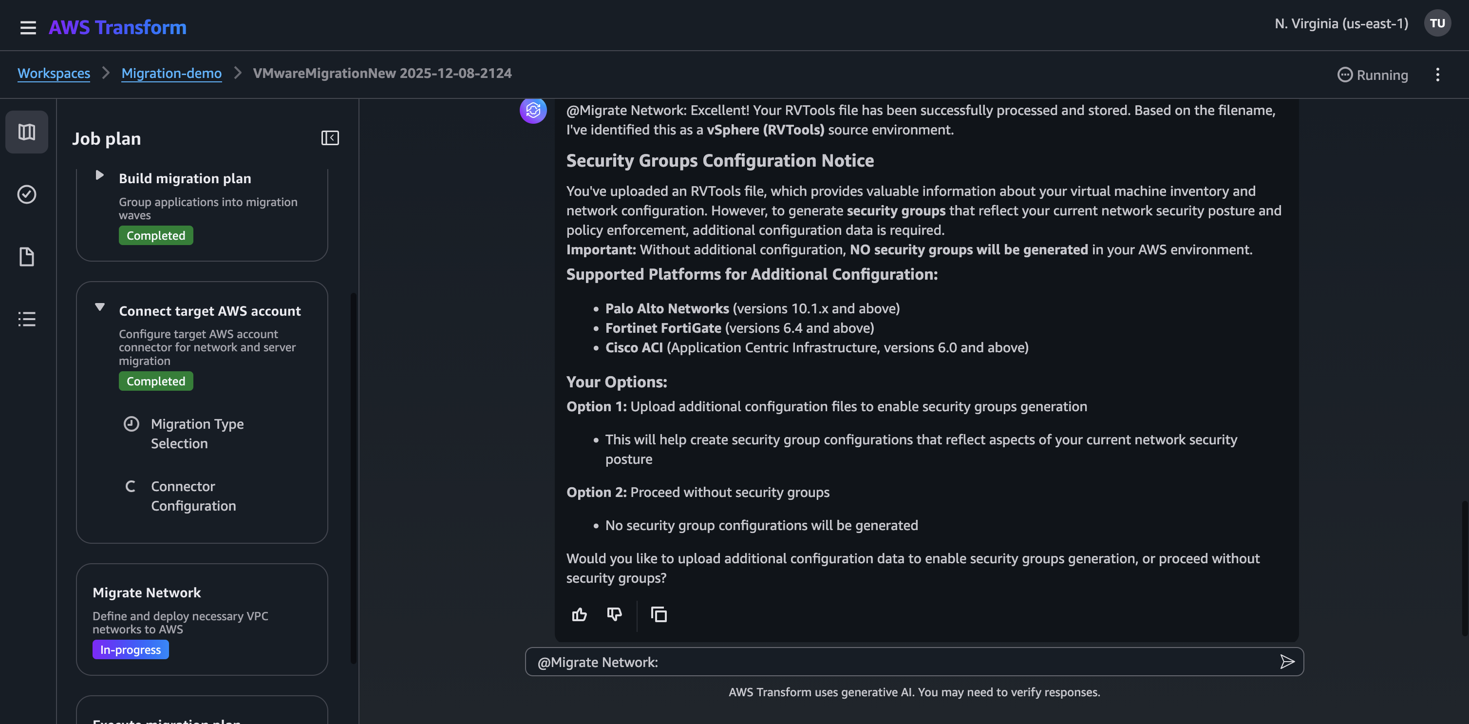 AWS Transform for VMware job on network migration step showing security groups inputs configuration
