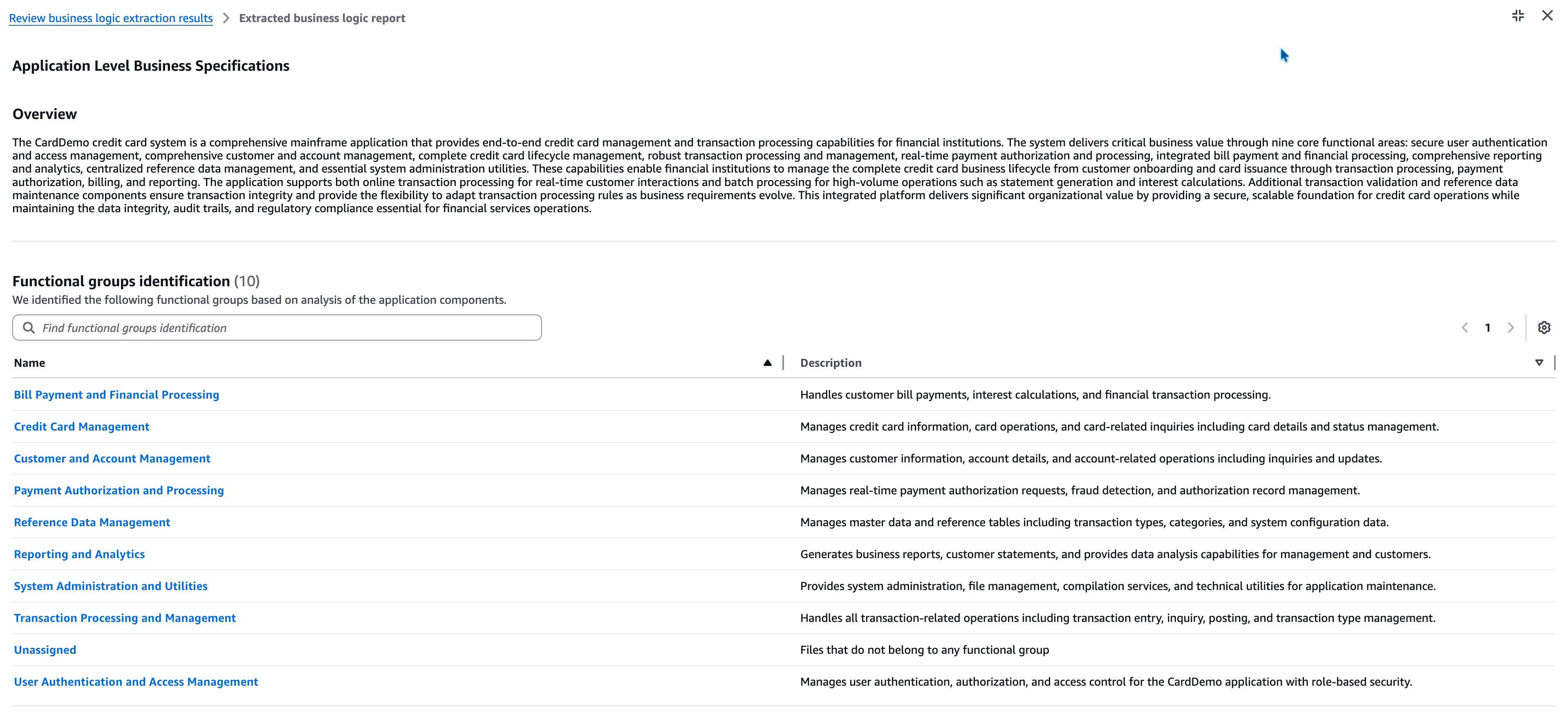 Application-level summary and Functional groups/Business domains