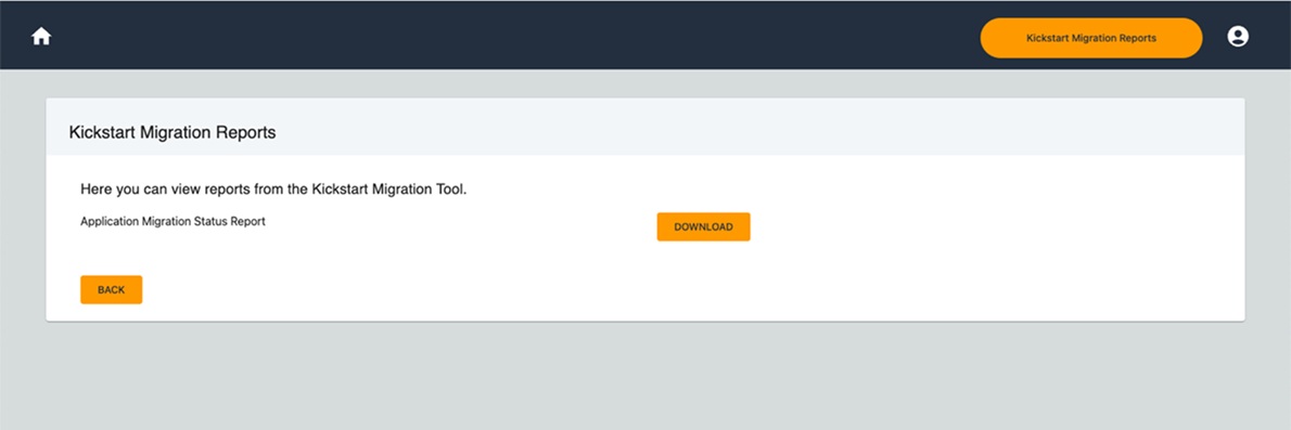 Reports page displaying Application Migration Status Report with download button and back button.