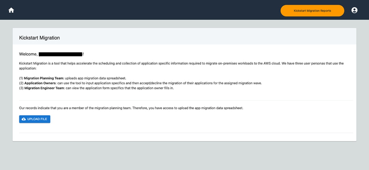 Kickstart Migration planning team dashboard showing welcome message, tool description, and upload file button for migration data spreadsheet.