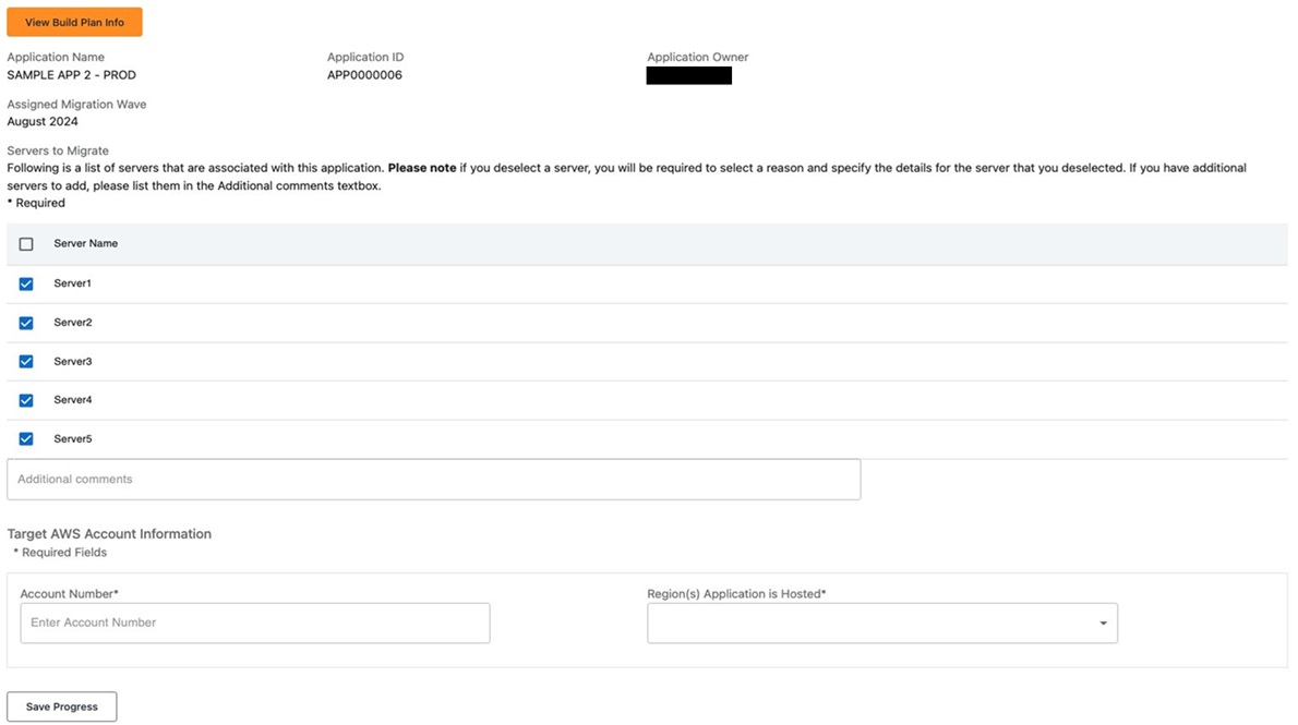 Application questionnaire form showing application details, server selection checklist with five servers, additional comments field, and target AWS account information section.