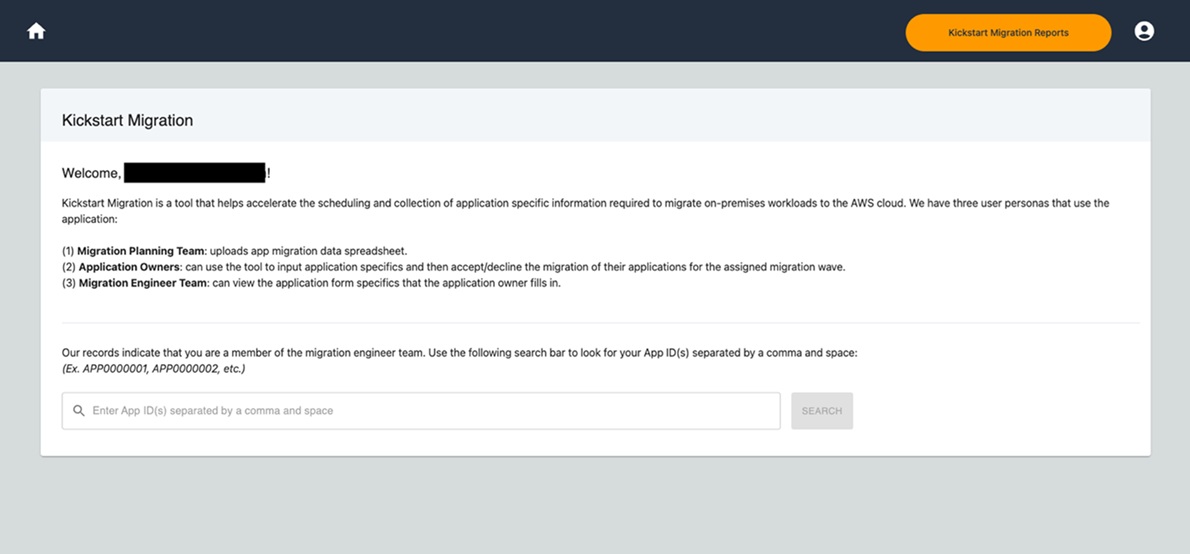 Migration engineer dashboard with welcome message, tool description, and search bar for entering application IDs separated by commas.