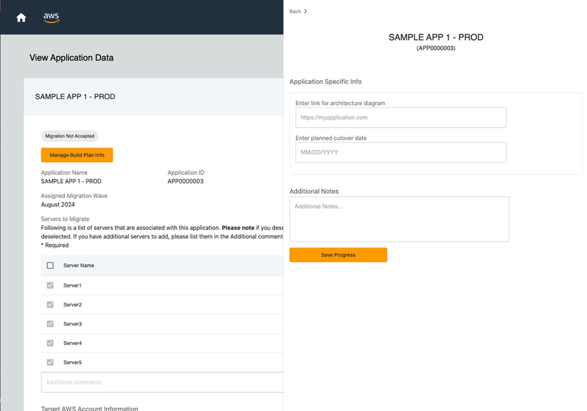 Application data view showing migration not accepted status, with build plan information panel containing fields for architecture diagram link, planned cutover date, additional notes, and save progress button.