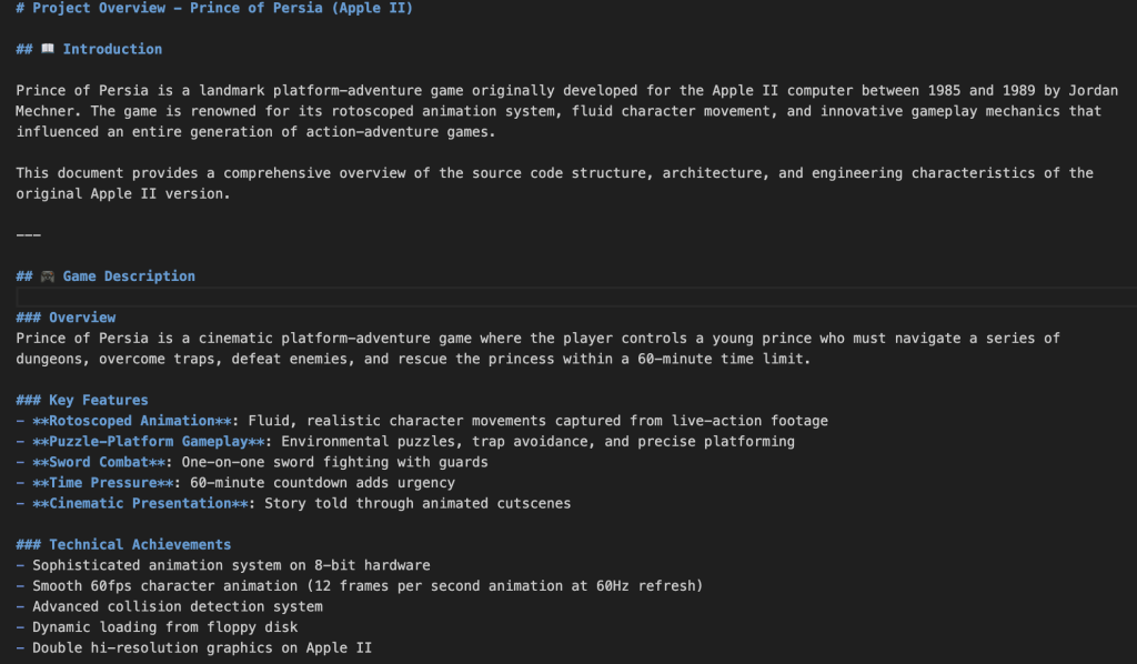 Markdown documentation showing Prince of Persia Apple II project overview with introduction, game description, key features including rotoscoped animation and puzzle-platform gameplay, and technical achievements