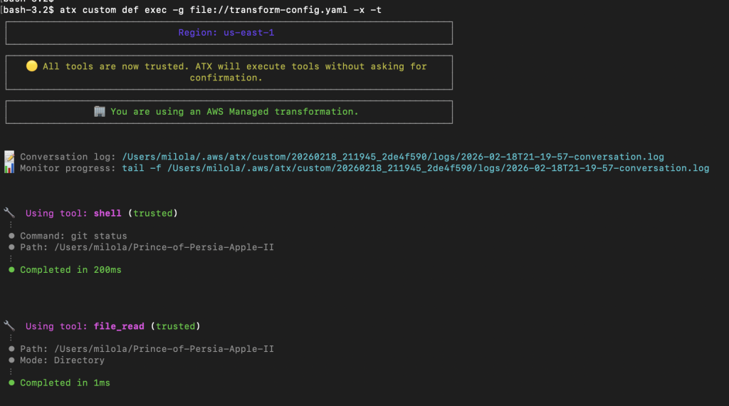 Terminal displaying AWS Transform execution using created YAML configuration file which includes additional plan context