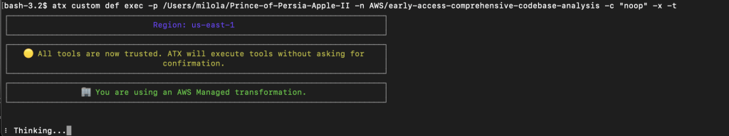 Terminal showing AWS Transform custom CLI execution with region confirmation, tools trusted notification, and managed transformation indicator with "Thinking" status