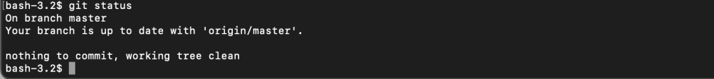 Terminal window showing git status command output with "nothing to commit, working tree clean" message, confirming the repository is in a clean state