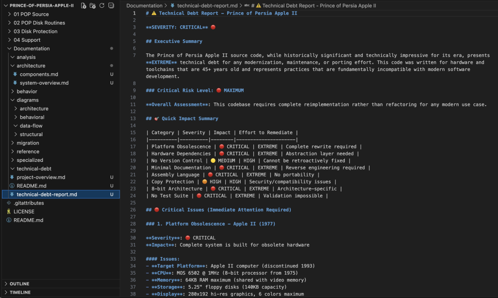 Technical debt analysis showing critical severity rating for Prince of Persia codebase with executive summary highlighting 45-year-old code, obsolete toolchains, and quick impact summary table listing platform obsolescence, hardware dependencies, and other critical risks