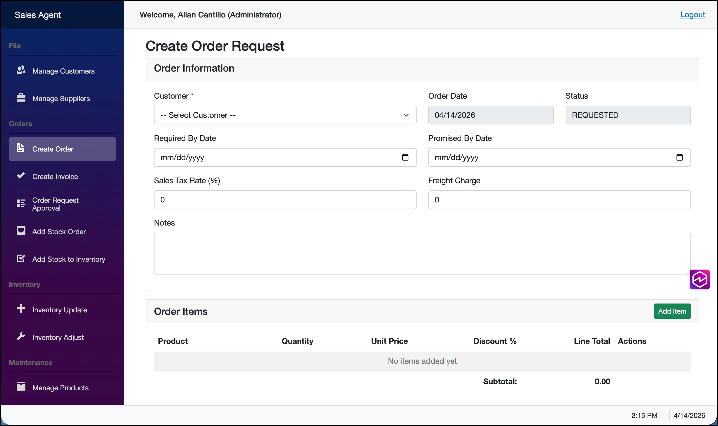 Figure 89 - Create Order Page.