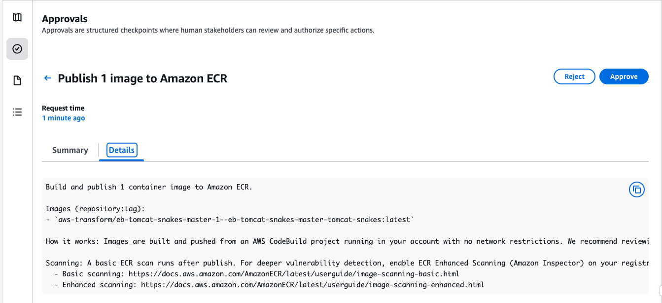 AWS Transform chat interface showing the agent requesting user approval before publishing the container image. The agent confirms the image has passed basic tests and displays the generated artifacts including a Dockerfile and README, awaiting the user's go-ahead to publish.