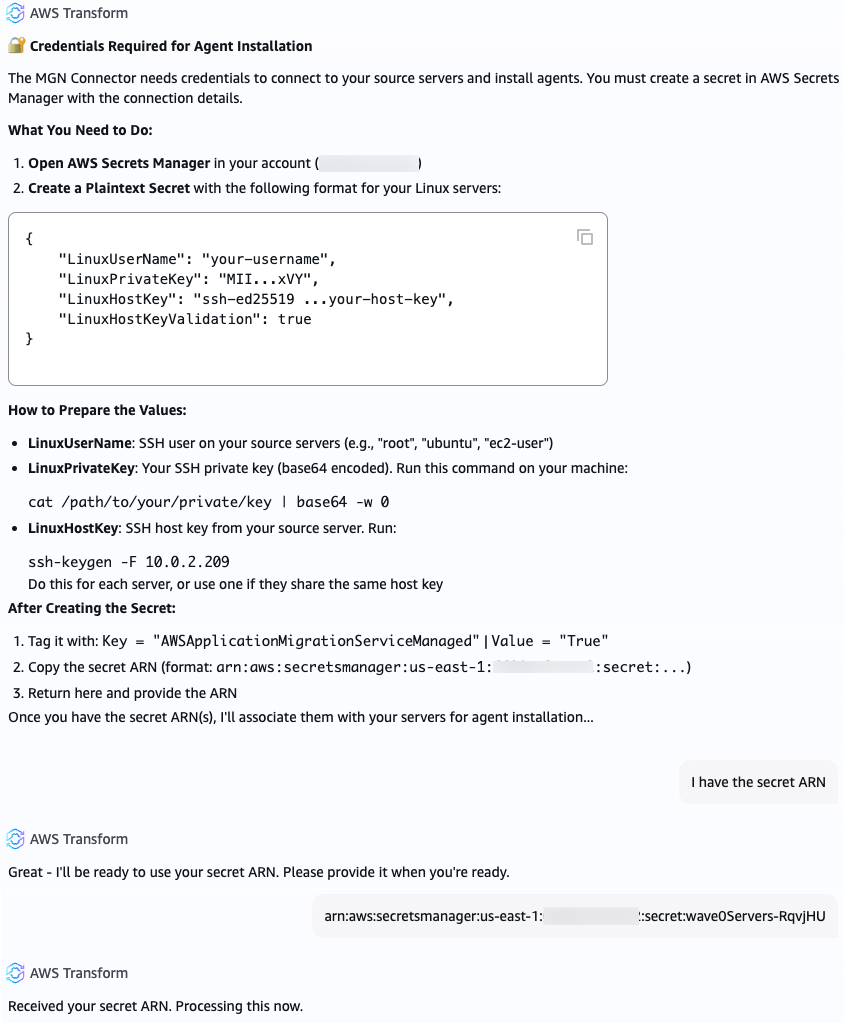 In this screenshot, AWS Transform requests the user to provide it with the credentials to the source servers, which are stored as secrets in AWS Secrets Manager. The user provides the secrets ARN.