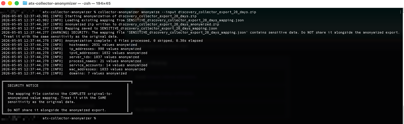 Console output from the collector-anonymizer anonymize command showing per-category anonymization counts and output file paths.