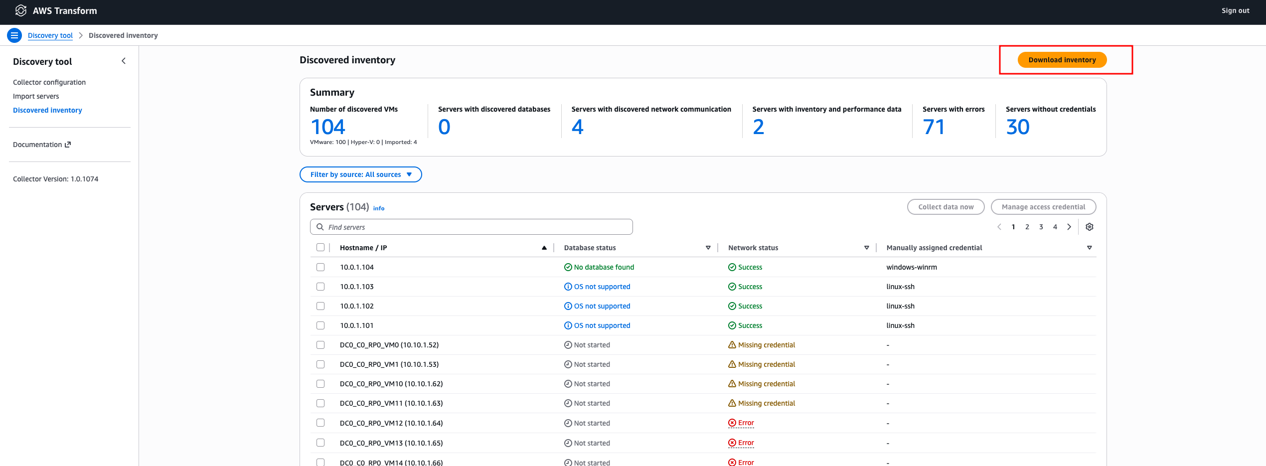 AWS Transform discovery tool window showing the download inventory button