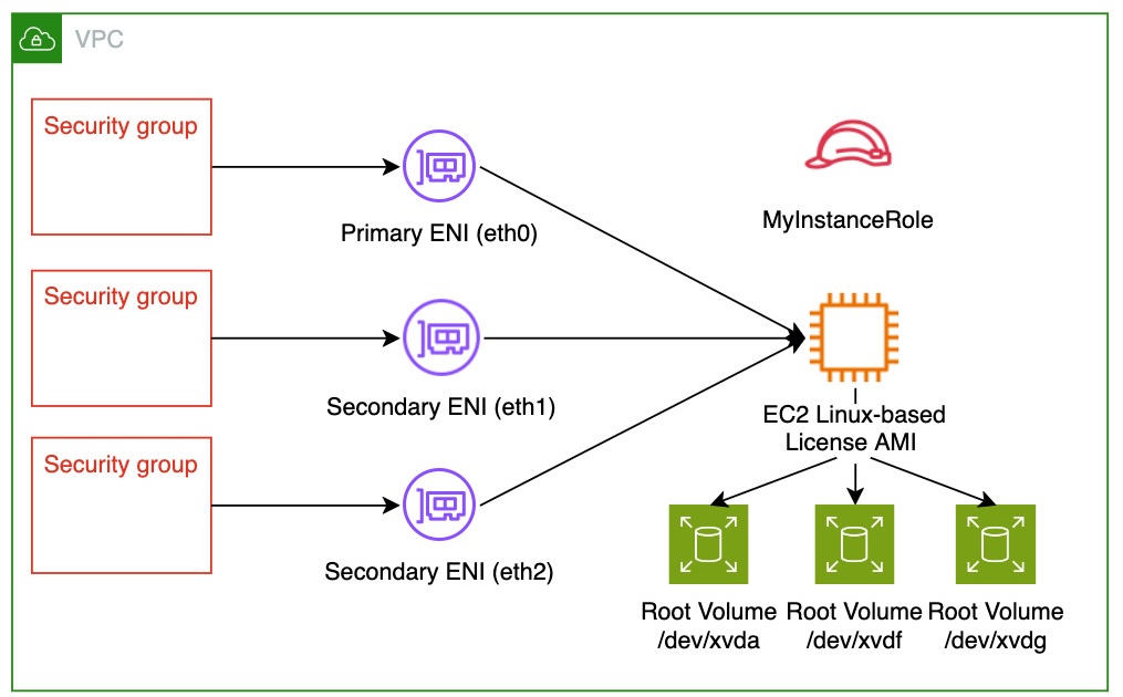 Figure 1: Architecture diagram showing an EC2 instance with attached Elastic Network Interface (ENI), associated security groups, and connected EBS volumes for storage