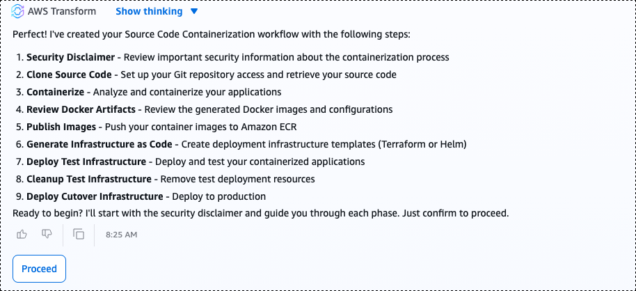 AWS Transform workspace showing the containerization workflow with nine steps listed in order: set up connector, clone source code, create Docker image, review Docker artifacts, publish images to Amazon ECR, generate IaC, deploy test environment, clean up test, and deploy cutover to production. A chat panel is visible on the right.