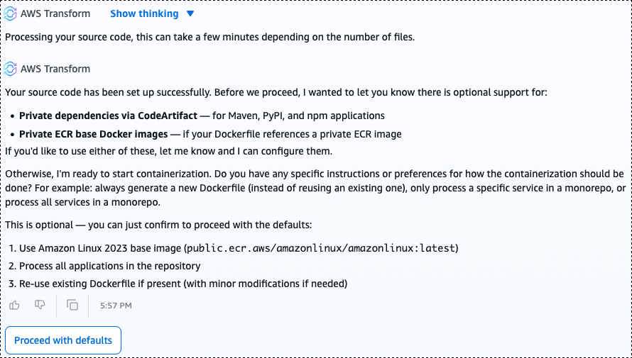 AWS Transform chat interface showing the agent's initial source code analysis. The agent describes the application's detected framework, runtime, and dependencies, and displays default container configuration settings including Amazon Linux 2023 as the base image.