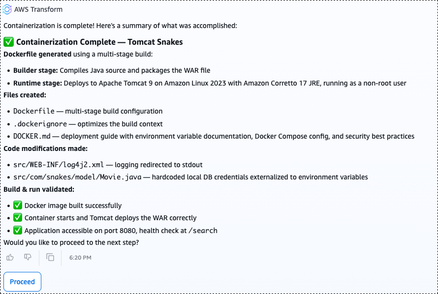 AWS Transform chat interface showing the container image creation step. The agent displays the environment variables that need to be exposed to the container and lists essential code modifications made during the containerization process.