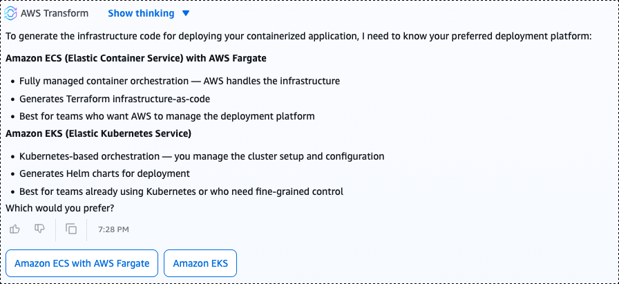 AWS Transform chat interface showing the Infrastructure as Code generation step. The agent has generated Terraform artifacts that provision an Amazon ECS cluster with task definitions, an Application Load Balancer, AWS Secrets Manager placeholders, and Amazon CloudWatch log groups for the containerized application.