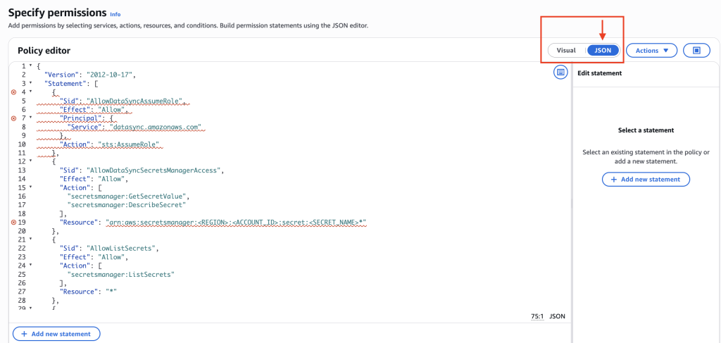Figure 4: IAM policy editor with the DataSync role permissions. [ALT text: IAM console policy editor in JSON view showing the DataSync role custom inline permissions policy.]