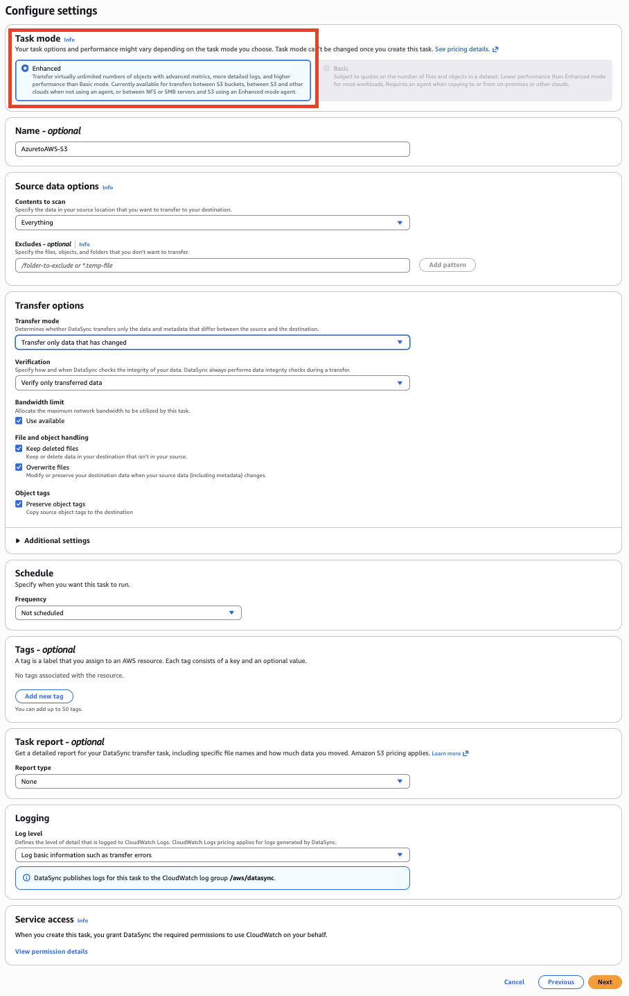Figure 7: DataSync task configuration . [ALT text: AWS DataSync console showing the task configuration page with Enhanced mode selected. The options panel displays the recommended settings: "Verify only transferred data" for verification mode, "Transfer only data that has changed" for transfer mode, and "Transfer Errors" for log level.]