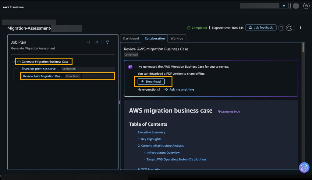 Figure 4 – AWS Transform assessment migration business case