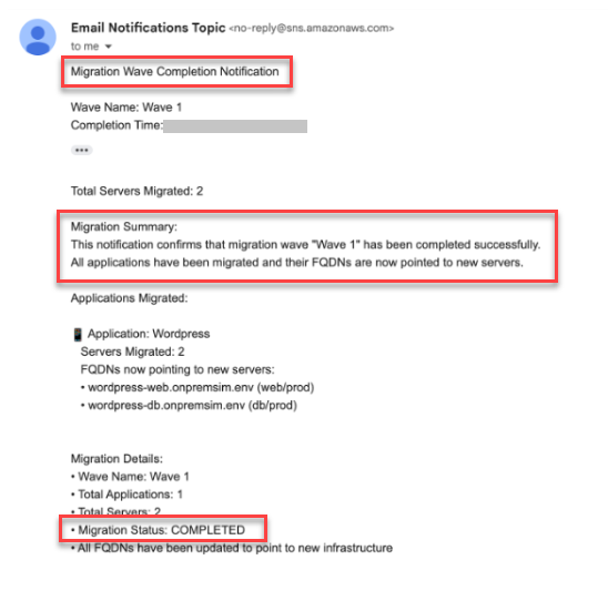Figure 7 – Wave 1 migration completion notification email