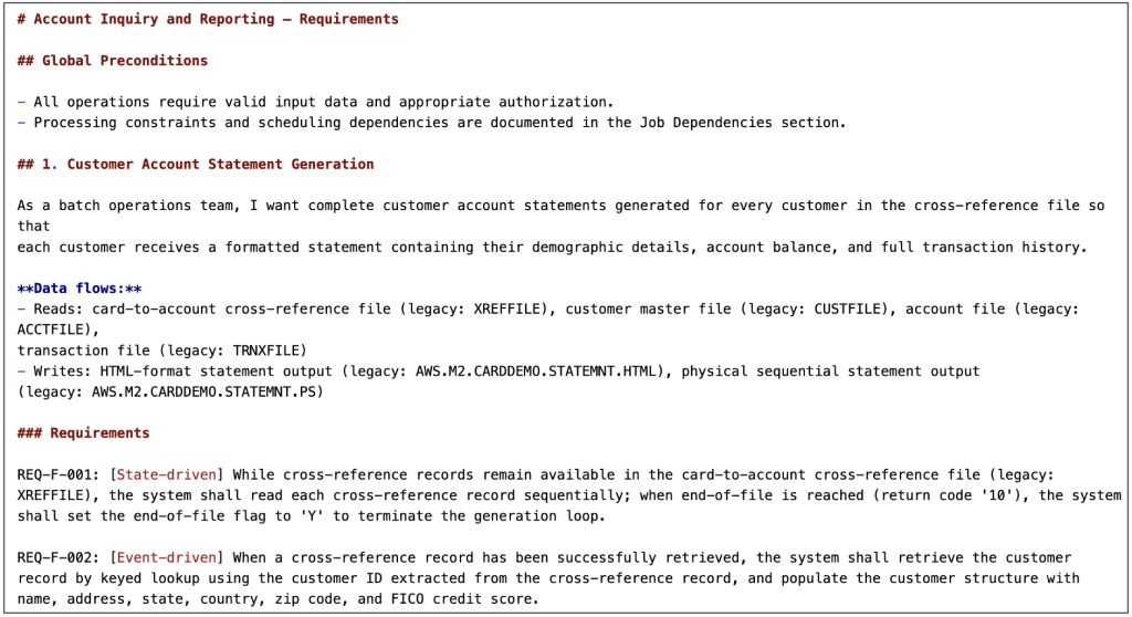 Example requirements.md output showing global preconditions, data flows, and formal requirements classified as State-driven and Event-driven
