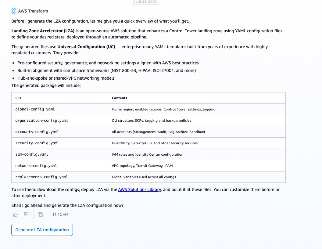 AWS Transform landing zone agent explaining the Landing Zone Accelerator (LZA) Universal Configuration package, showing a table of seven generated YAML configuration files covering global settings, organization structure, accounts, security services, IAM roles, networking, and global variables