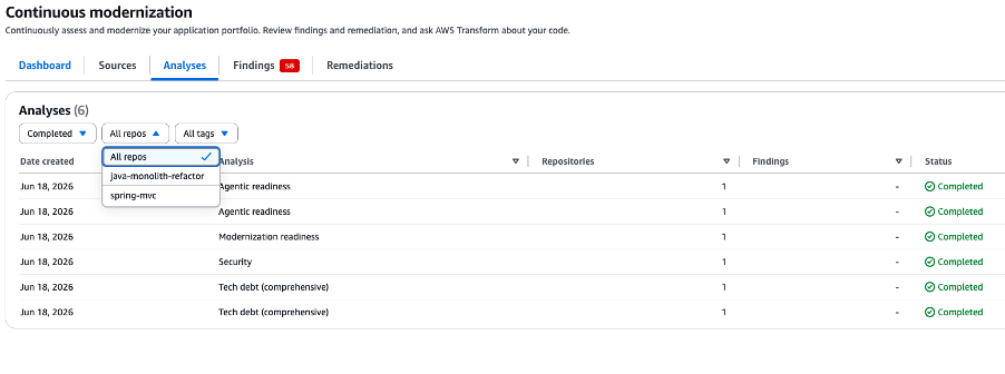 Analysis configuration screen showing agentic-readiness selected as analysis type with repository targeting options