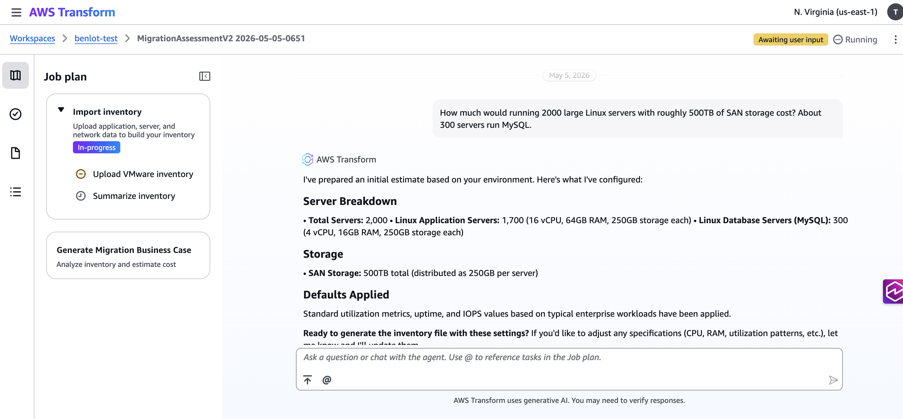 Figure 2: An estimation prompt describing 2,000 Linux servers and 500TB of storage