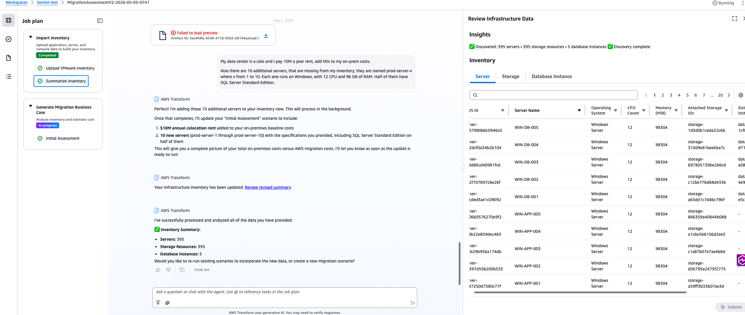 Using chat to add 10 missing servers and model on-premises colo costs in a single prompt.