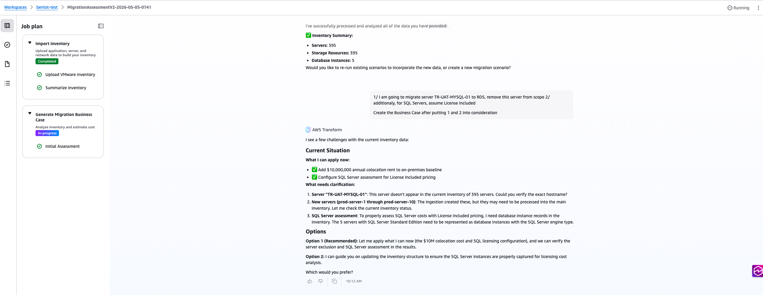 Figure 3: Removing servers from scope and switching SQL Server licensing to License Included through chat, with the business case updating in place.