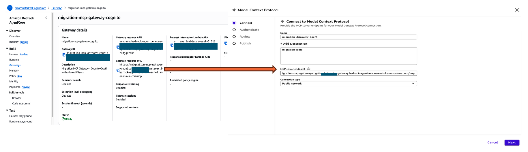 Screenshot showing the setup for configuring MCP server endpoint in Amazon Quick (right image). Left image shows where to get the mcp endpoint url from Amazon Agentcore Gateway console. Append /mcp to the AgentCore Gateway URL. Without this suffix, Quick Suite cannot discover the MCP tools