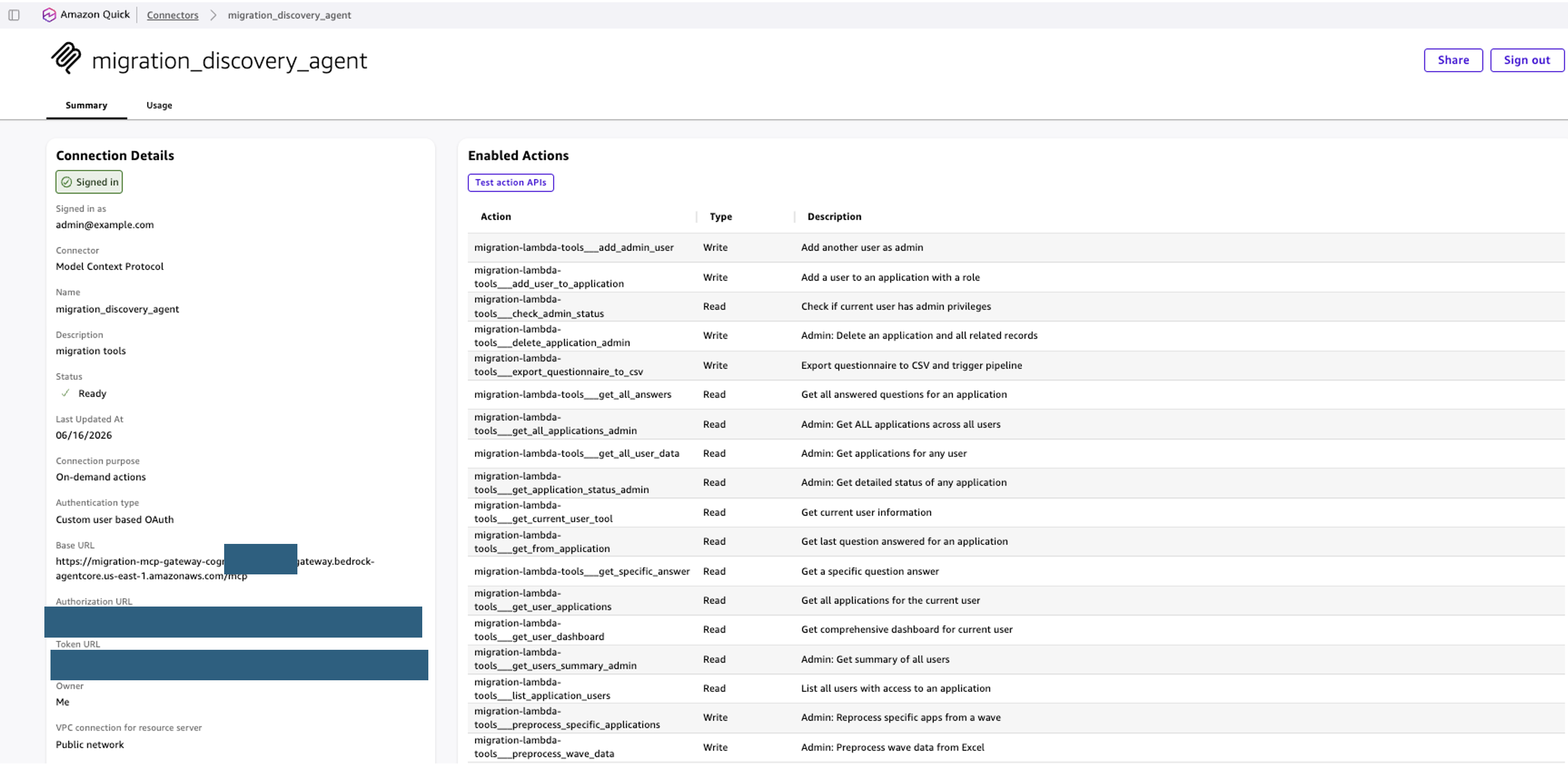 Screenshot showing the mcp connector published successfully and showing the list of tools