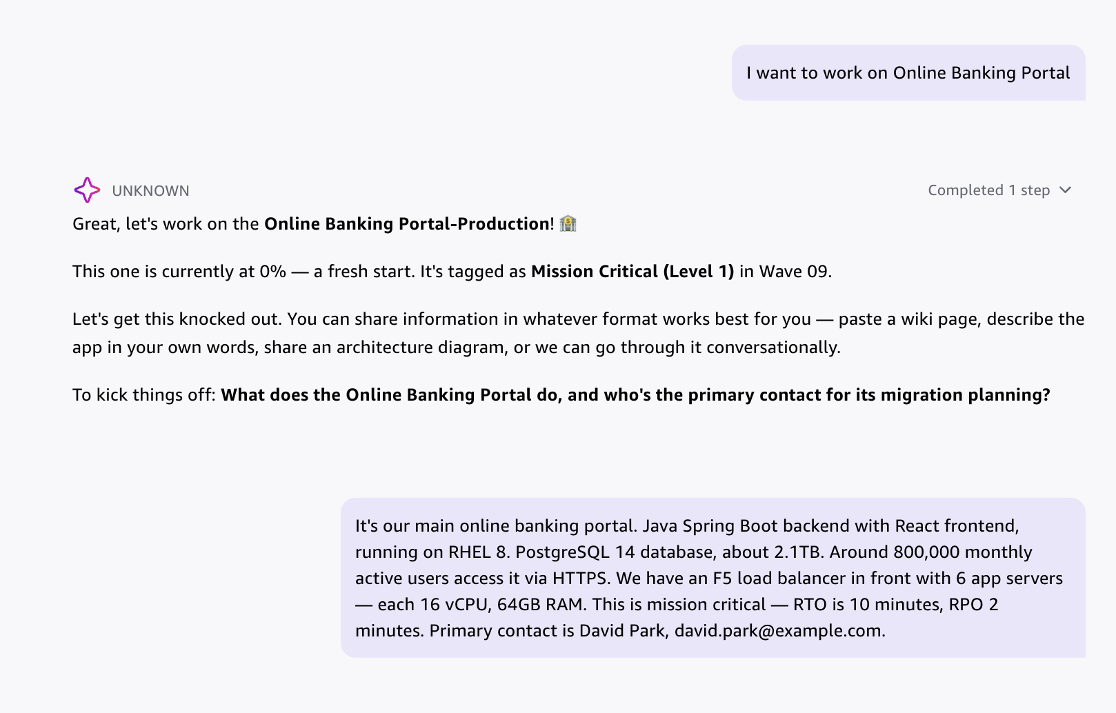 Screenshot showing a user selecting an application and providing a single free-form paragraph description that the agent accepts for structured field extraction