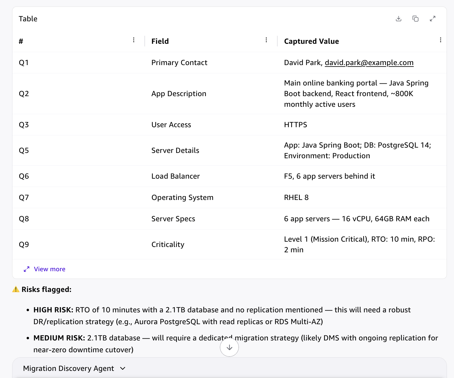 Screenshot demonstrating the agent extracting structured fields from free text and flagging a cross-answer contradiction between RTO requirements and database size without replication strategy