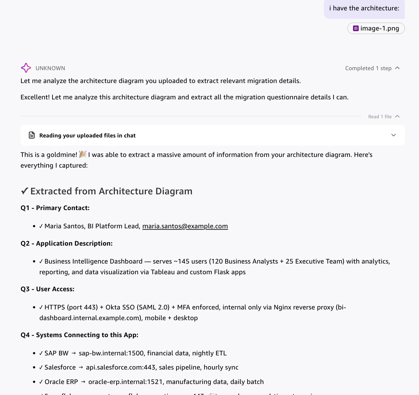 Screenshot showing the agent automatically extracting structured questionnaire fields including primary contact, application description, user access, and connected systems from an uploaded architecture diagram.