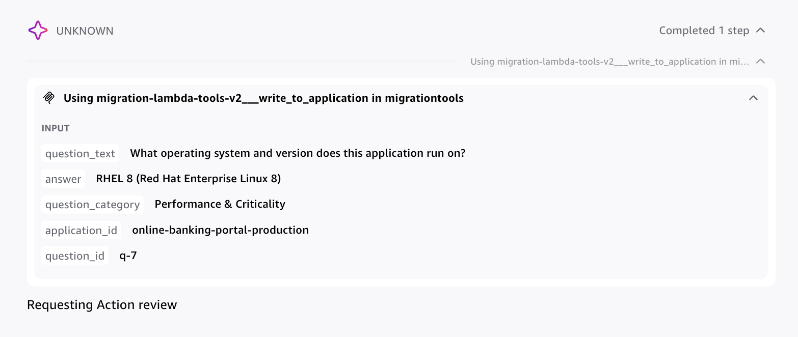  Screenshot showing the agent saving each extracted answer to DynamoDB via an MCP tool call with user approval before committing, enabling per-answer persistence and resume capability.