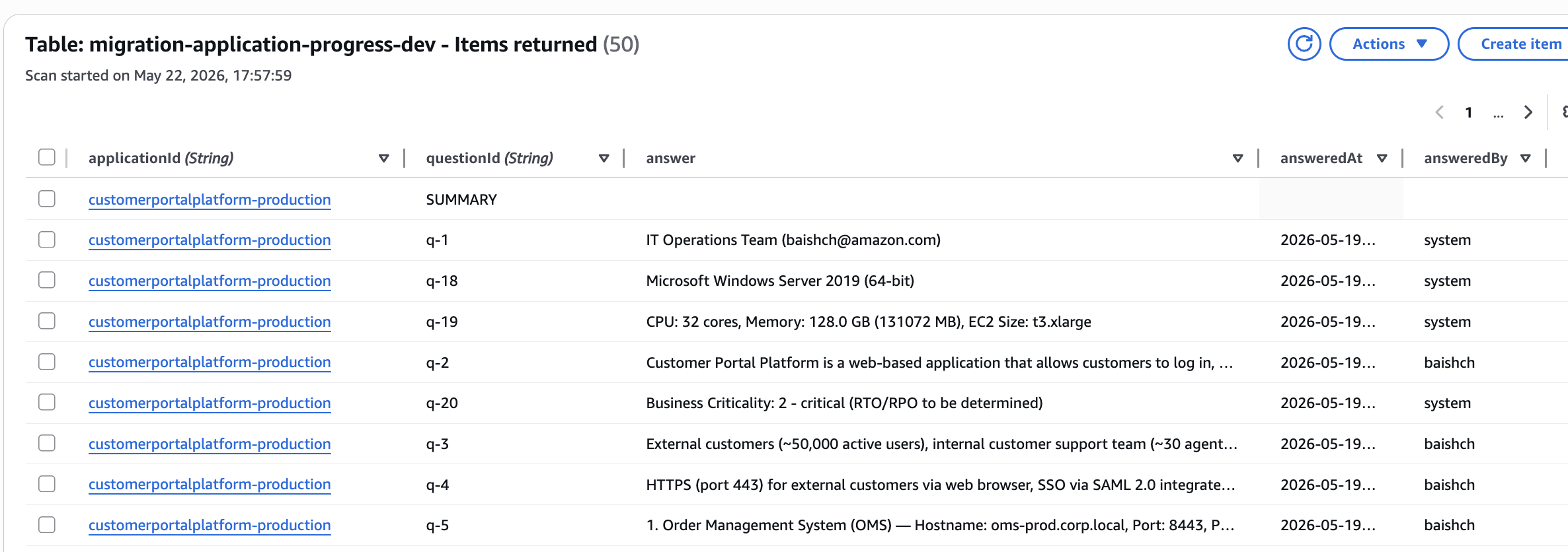 Screenshot of DynamoDB Progress table showing rows storing question-answer pairs per-application with timestamps and user attribution for audit trail and progress tracking